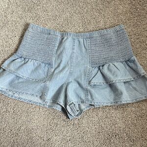 Free People Light Blue Jean Shorts with Ruffle Detail
